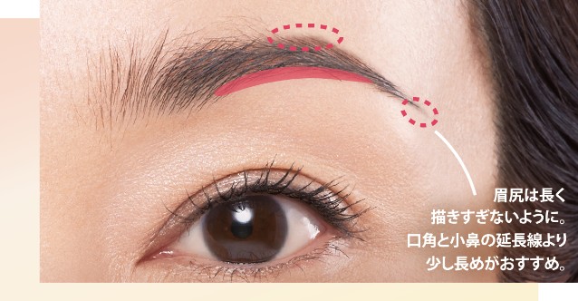 参考イメージ 眉尻は長く描きすぎないように。口角と小鼻の延長線より少し長めがおすすめ。