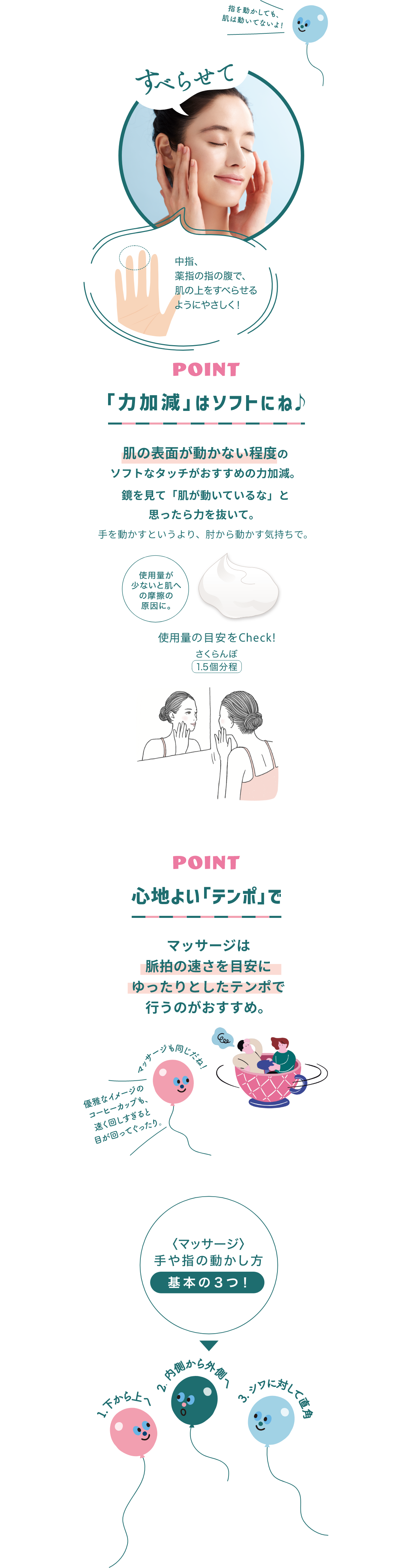 すべらせて 中指、薬指の指の腹で、肌の上をすべらせるようにやさしく! POINT 「力加減」はソフトにね♪ 肌の表面が動かない程度のソフトなタッチがおすすめの力加減。鏡を見て「肌が動いているな」と思ったら力を抜いて。手を動かすというより、肘から動かす気持ちで。使用量が少ないと肌への摩擦の原因に。 使用量の目安をチェック! さくらんぼ1.5個分程 POINT 心地よい「テンポ」で マッサージは脈拍の速さを目安にゆったりとしたテンポで行うのがおすすめ。＜マッサージ＞手や指の動かし方 基本3つ! 1,下から上へ 2,内側から外側へ 3,シワに対して直角