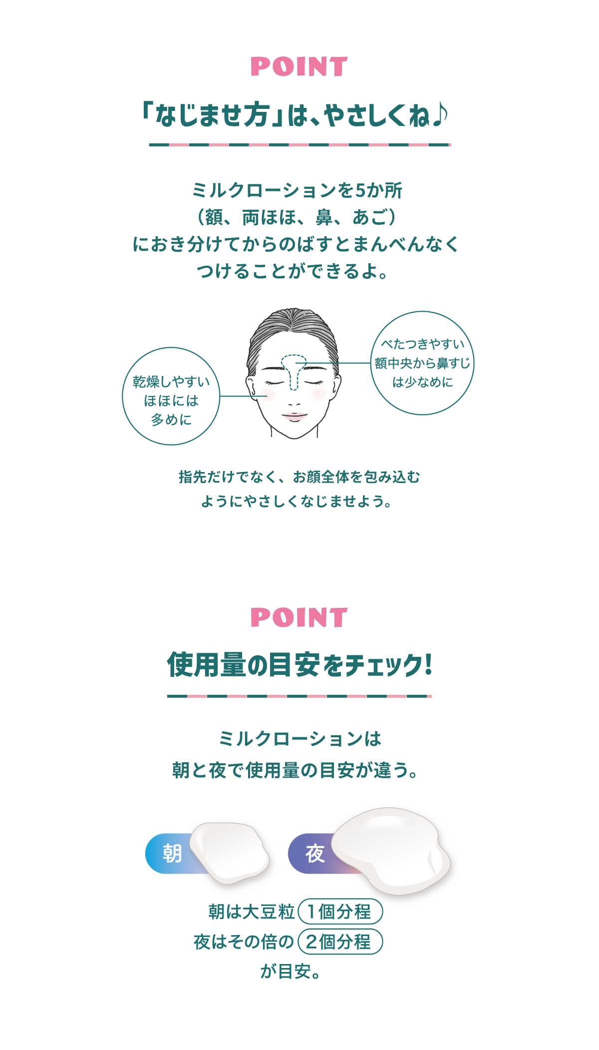 POINT 「なじませ方」は、やさしくね♪ ミルクローションを5か所（額、両ほほ、鼻、あご）におき分けてからのばすとまんべんなくつけることができるよ。 べたつきやすい額中央から鼻すじは少なめに 乾燥しやすいほほには多めに 指先だけでなく、お顔全体を包み込むようにやさしくなじませよう。 POINT 使用量の目安をチェック! ミルクローションは朝と夜で使用量の目安が違う。 朝は大豆粒1個分程 夜はその倍の2個分程が目安。