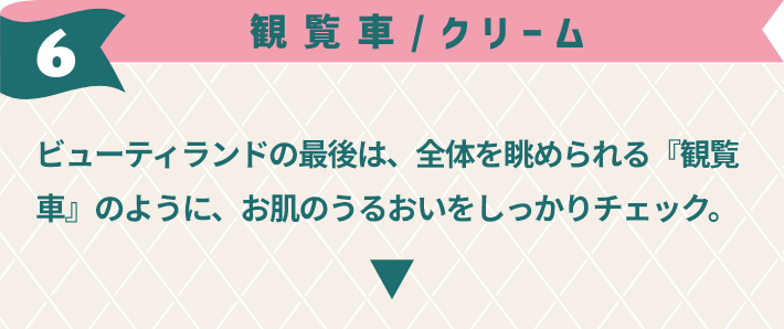 6,観覧車 / クリーム ビューティランドの最後は、全体を眺められる『観覧車』のように、お肌のうるおいをしっかりチェック。