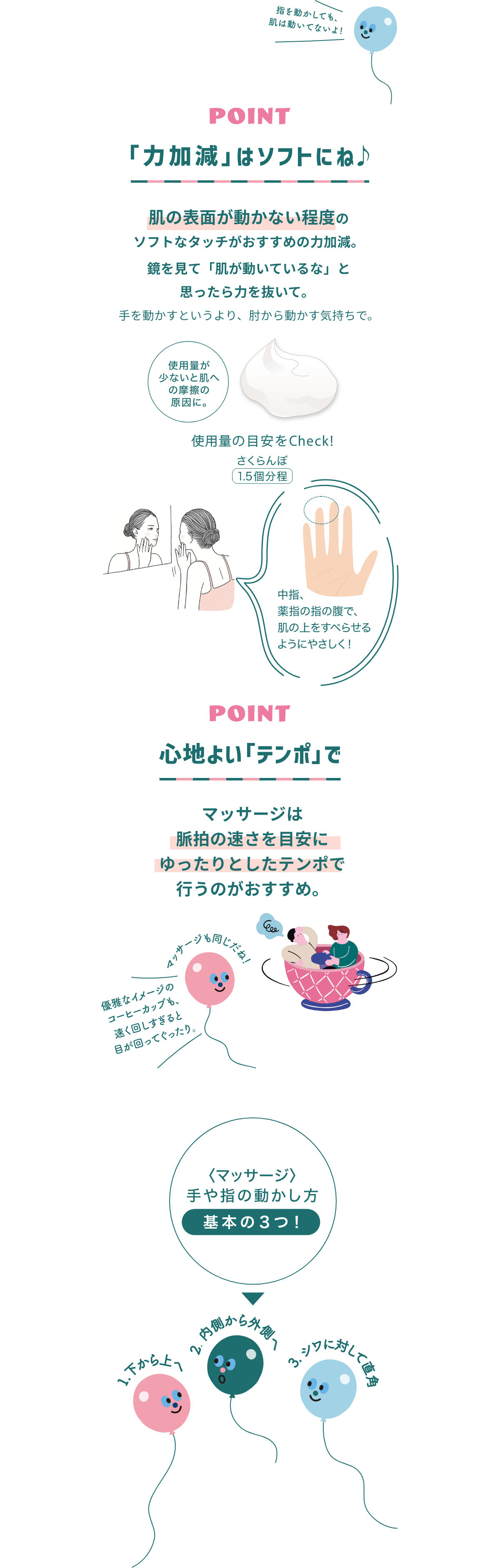 中指、薬指の指の腹で、肌の上をすべらせるようにやさしく! POINT 「力加減」はソフトにね♪ 肌の表面が動かない程度のソフトなタッチがおすすめの力加減。鏡を見て「肌が動いているな」と思ったら力を抜いて。手を動かすというより、肘から動かす気持ちで。使用量が少ないと肌への摩擦の原因に。 使用量の目安をチェック! さくらんぼ1.5個分程 POINT 心地よい「テンポ」で マッサージは脈拍の速さを目安にゆったりとしたテンポで行うのがおすすめ。＜マッサージ＞手や指の動かし方 基本3つ! 1,下から上へ 2,内側から外側へ 3,シワに対して直角