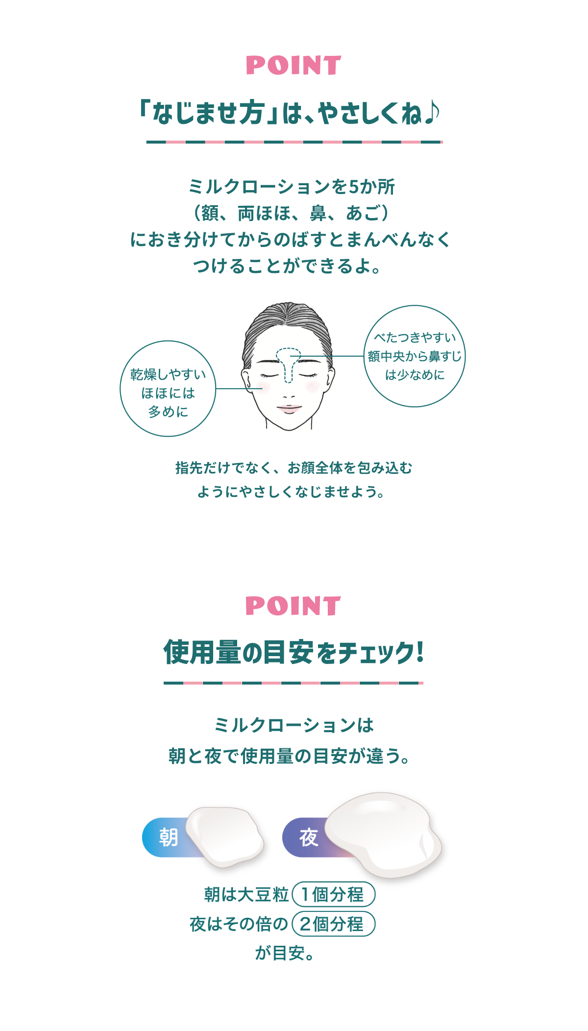 POINT 「なじませ方」は、やさしくね♪ ミルクローションを5か所（額、両ほほ、鼻、あご）におき分けてからのばすとまんべんなくつけることができるよ。 べたつきやすい額中央から鼻すじは少なめに 乾燥しやすいほほには多めに 指先だけでなく、お顔全体を包み込むようにやさしくなじませよう。 POINT 使用量の目安をチェック! ミルクローションは朝と夜で使用量の目安が違う。 朝は大豆粒1個分程 夜はその倍の2個分程が目安。