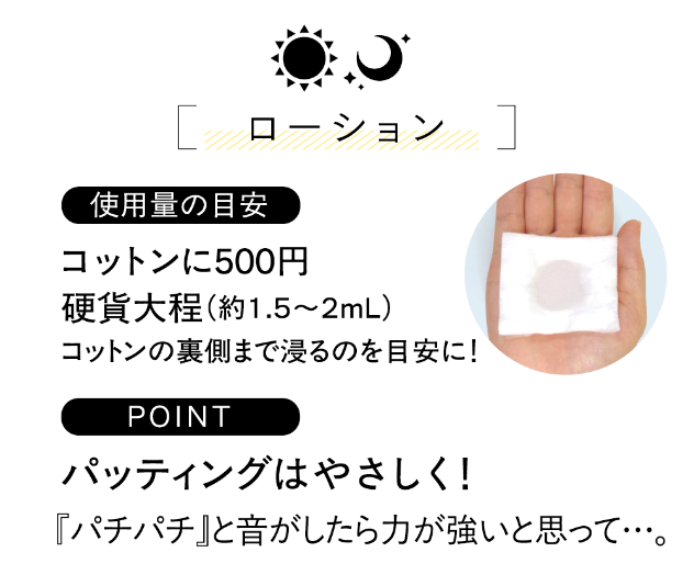 ローション 使用量の目安：コットンに500円硬貨大程（約1.5〜2mL） POINT：パッティングはやさしく！