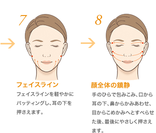 7.フェイスライン：フェイスラインを軽やかに パッティングし、耳の下を押さえます。　8.手のひらで包みこみ、口から耳の下、鼻からかみあわせ、目からこめかみへとすべらせた後、最後にやさしく押さえます。