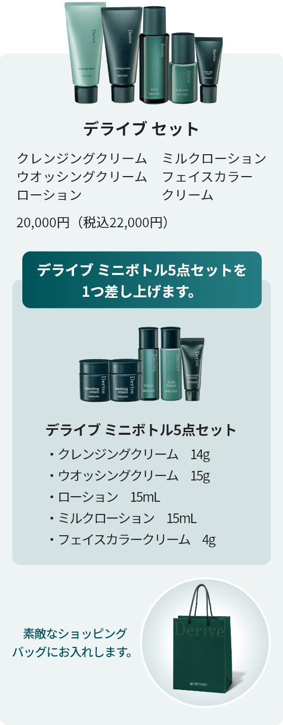 デライブ セット:レンジングクリーム ウオッシングクリーム ローション ミルクローション フェイスカラークリーム 20,000円(税込22,000円)デライブ ミニボトル5点セットを1つ差し上げます。